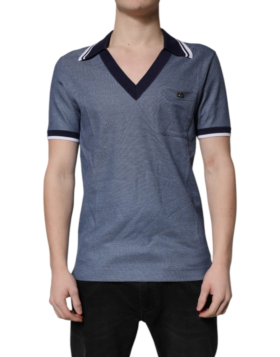 Dolce &amp; Gabbana Blue Collared V-neck Silk Blend Polo T-shirt