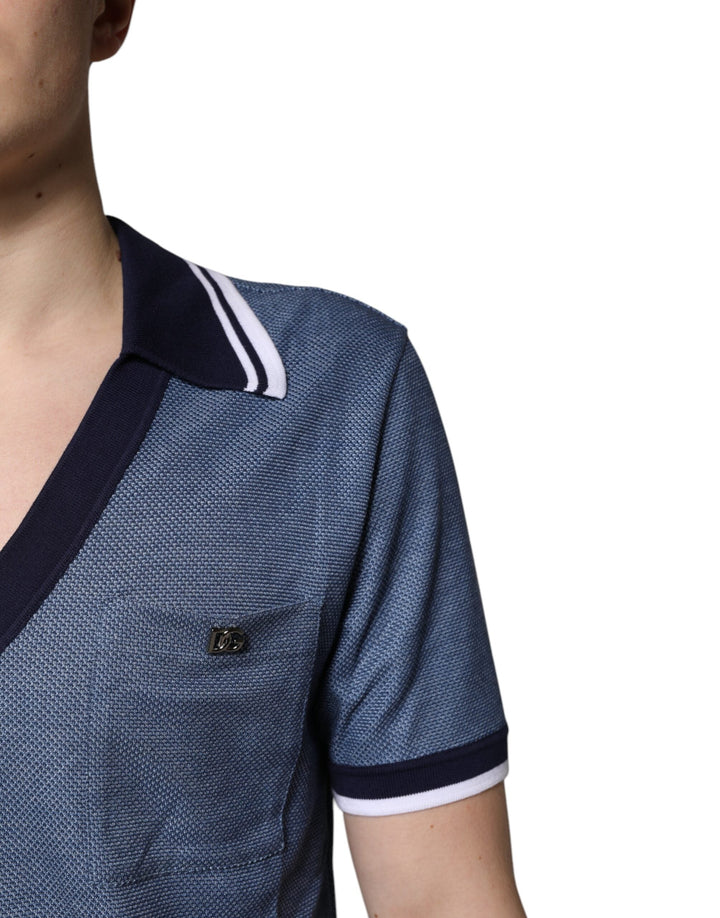 Dolce &amp; Gabbana Blue Collared V-neck Silk Blend Polo T-shirt