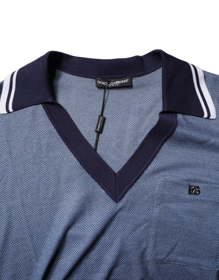 Dolce &amp; Gabbana Blue Collared V-neck Silk Blend Polo T-shirt