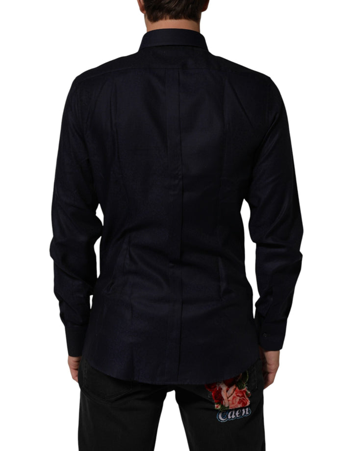 Dolce &amp; Gabbana Blue Cotton Collared Long Sleeve Gold Men Dress Shirt
