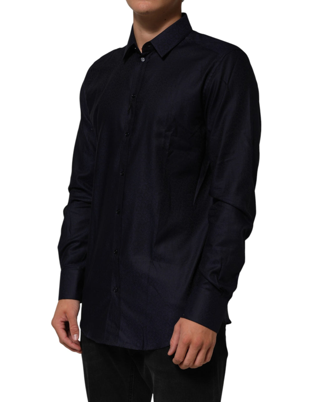 Dolce &amp; Gabbana Blue Cotton Collared Long Sleeve Gold Men Dress Shirt