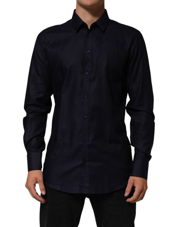 Dolce &amp; Gabbana Blue Cotton Collared Long Sleeve Gold Men Dress Shirt
