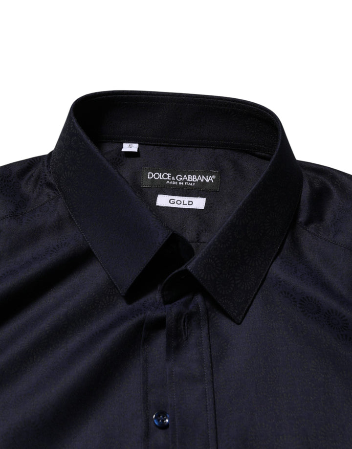 Dolce &amp; Gabbana Blue Cotton Collared Long Sleeve Gold Men Dress Shirt