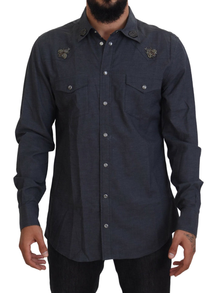 Dolce &amp; Gabbana Blue Cotton Denim Crystal Bee Shirt