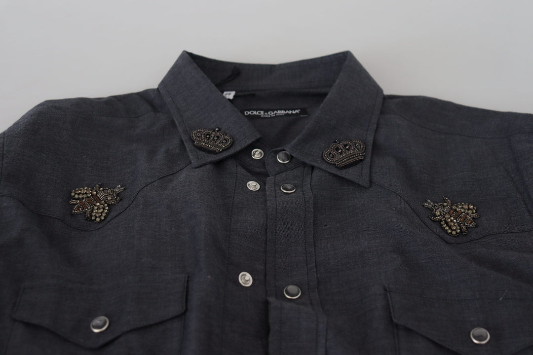 Dolce &amp; Gabbana Blue Cotton Denim Crystal Bee Shirt