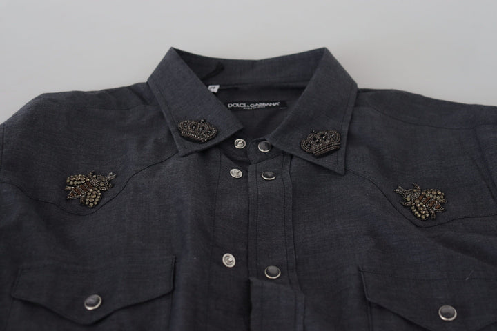 Dolce &amp; Gabbana Blue Cotton Denim Crystal Bee Shirt