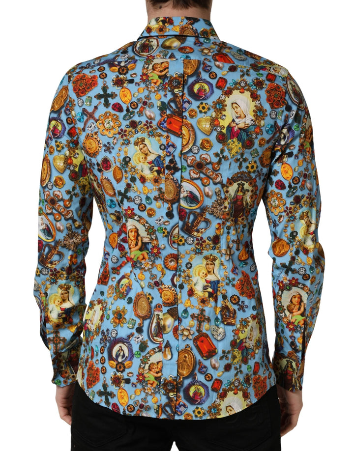 Dolce &amp; Gabbana Blue Cotton Jewel Print Button Down Gold Shirt