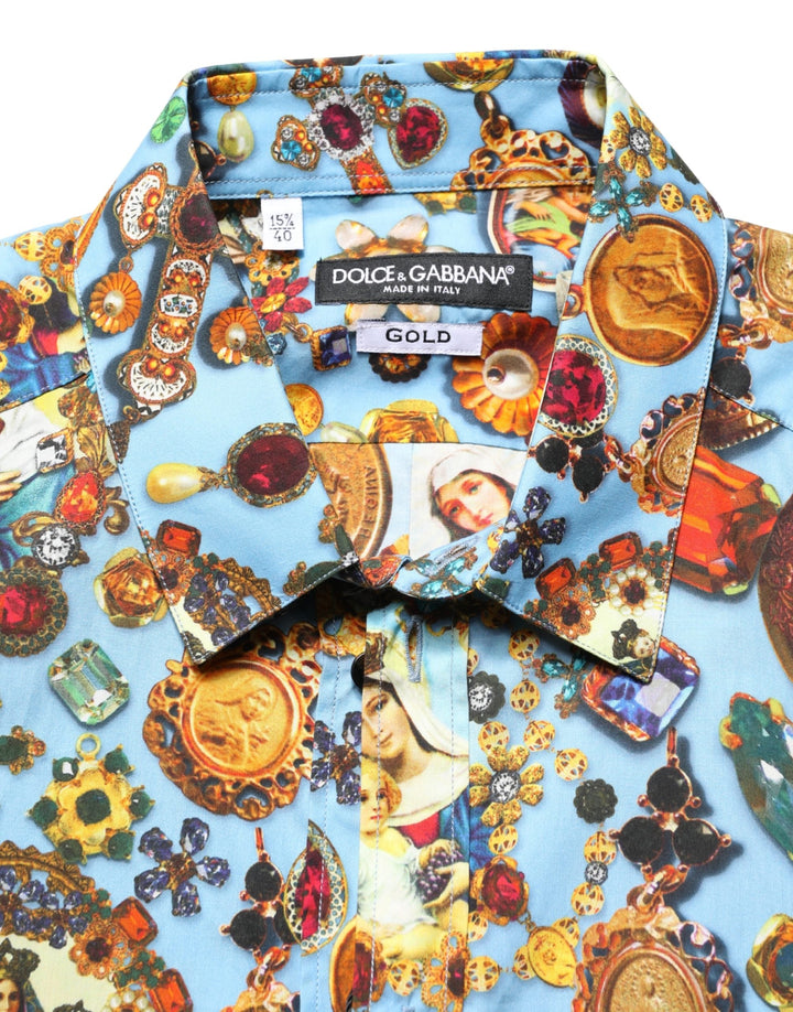Dolce &amp; Gabbana Blue Cotton Jewel Print Button Down Gold Shirt