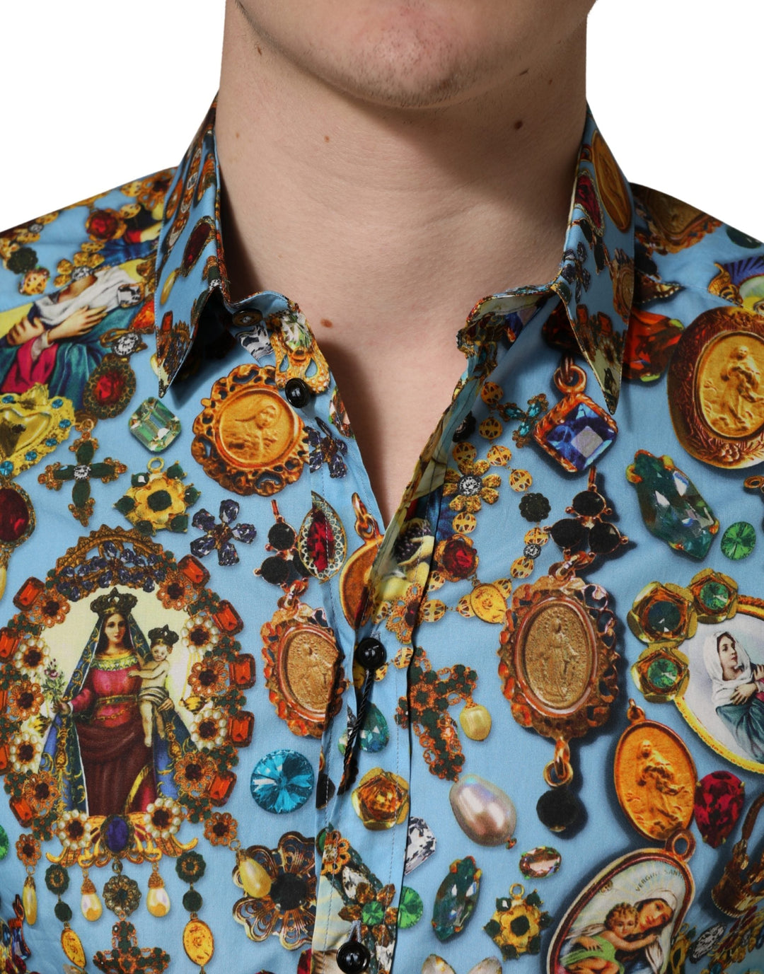 Dolce &amp; Gabbana Blue Cotton Jewel Print Button Down Gold Shirt