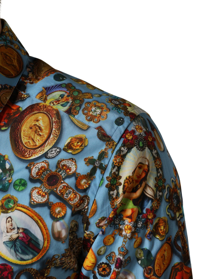 Dolce &amp; Gabbana Blue Cotton Jewel Print Button Down Gold Shirt