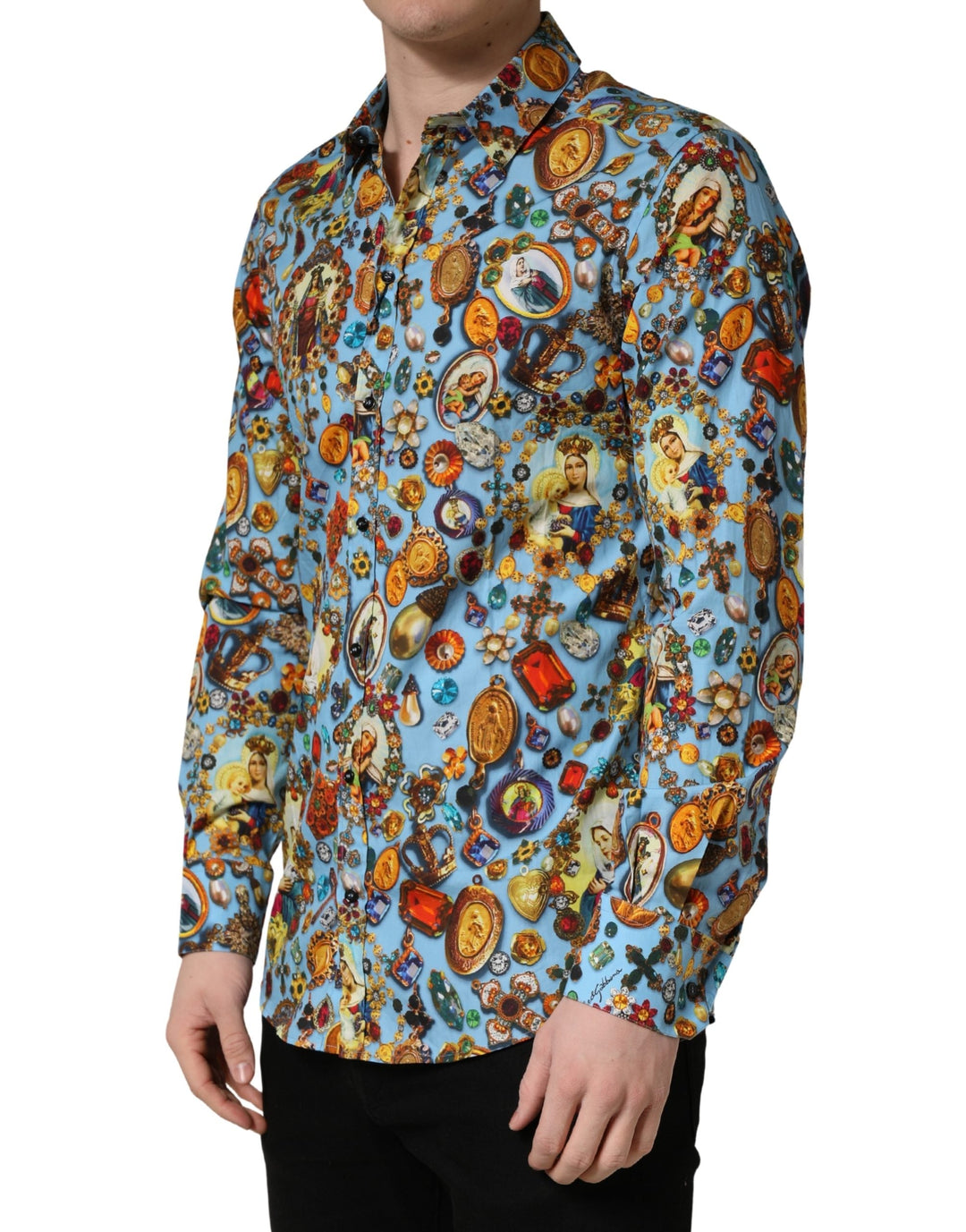Dolce &amp; Gabbana Blue Cotton Jewel Print Button Down Gold Shirt