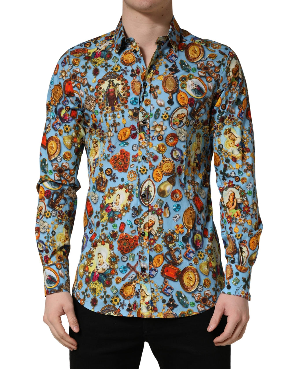 Dolce & Gabbana Blue Cotton Jewel Print Button Down Gold Shirt