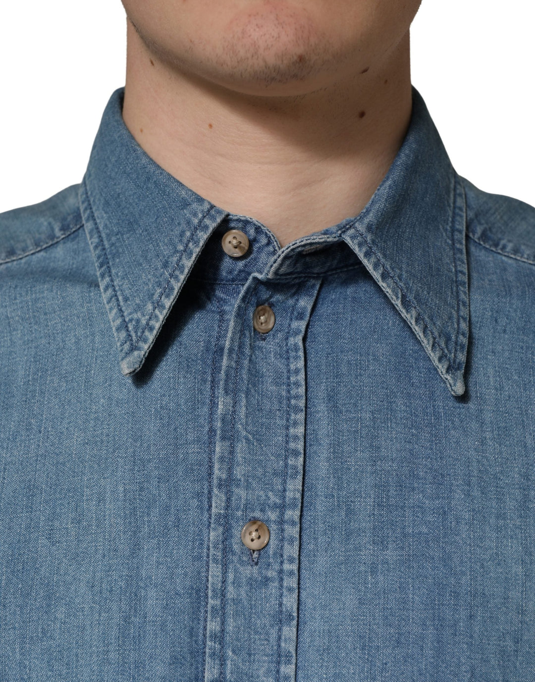Dolce &amp; Gabbana Blue Cotton Stretch Casual Denim Slim Shirt