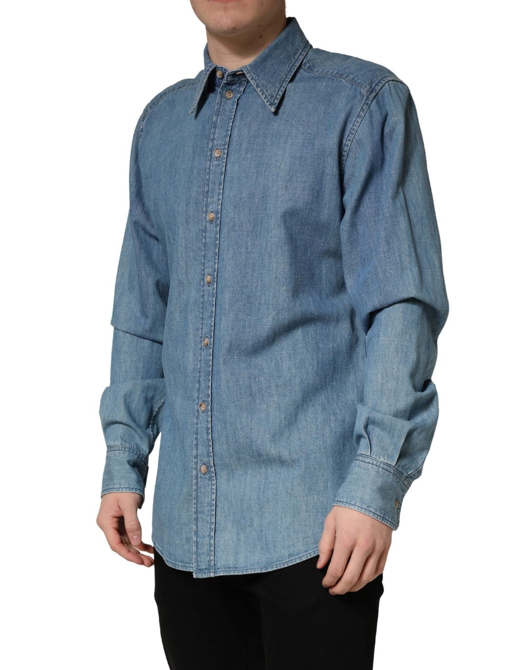 Dolce &amp; Gabbana Blue Cotton Stretch Casual Denim Slim Shirt