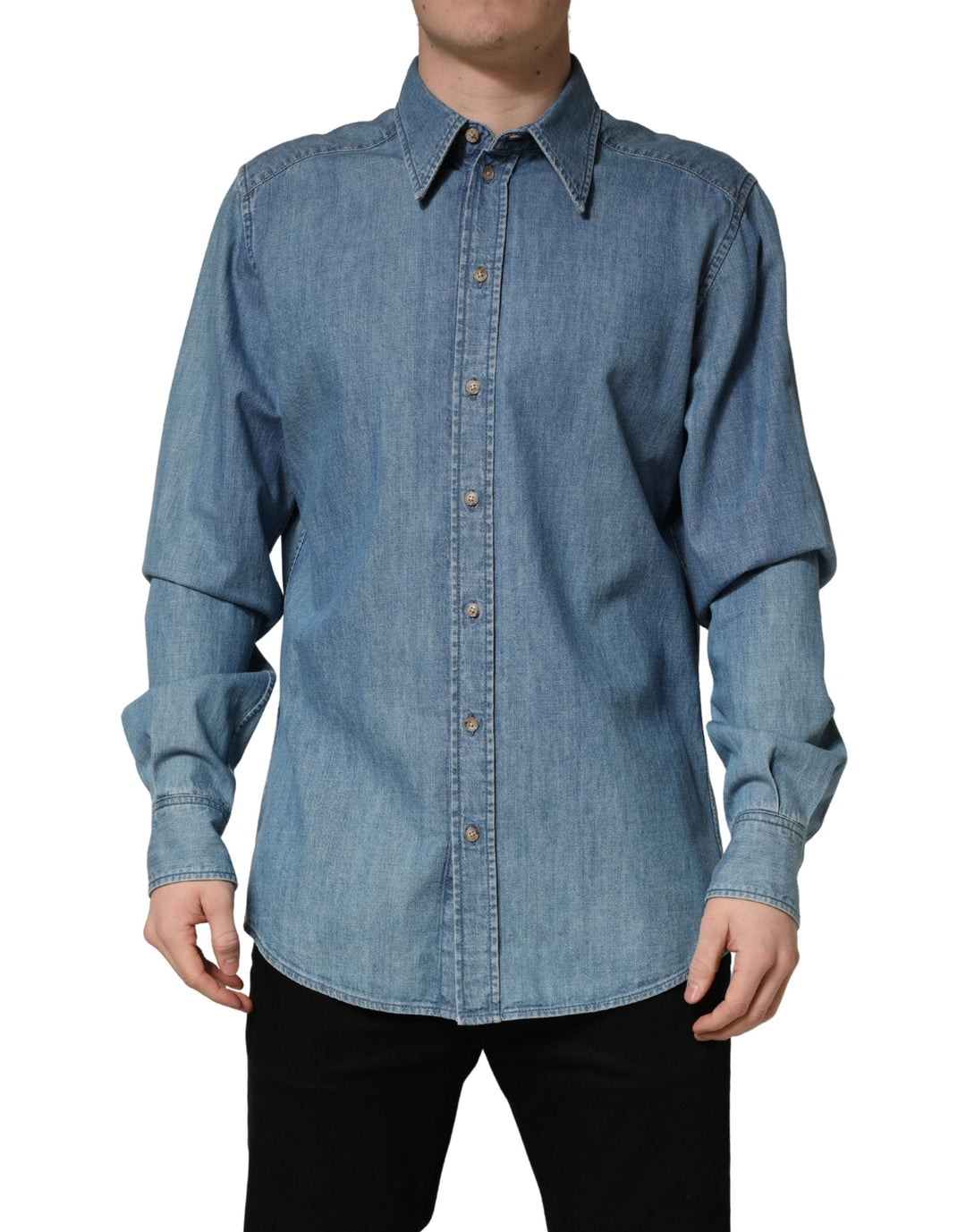 Dolce &amp; Gabbana Blue Cotton Stretch Casual Denim Slim Shirt