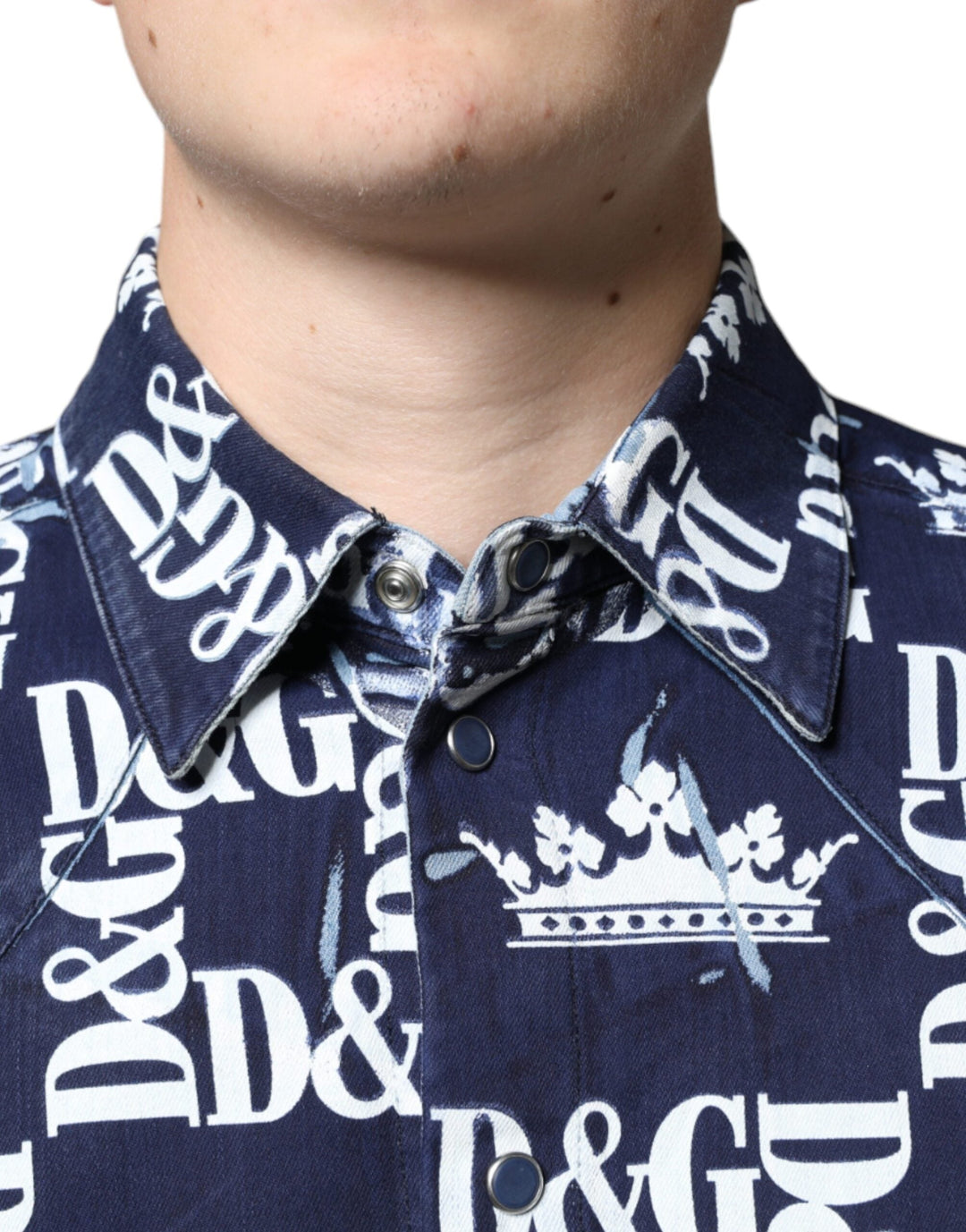 Dolce &amp; Gabbana Blue Crown Logo Print Slim Fit Cotton Shirt