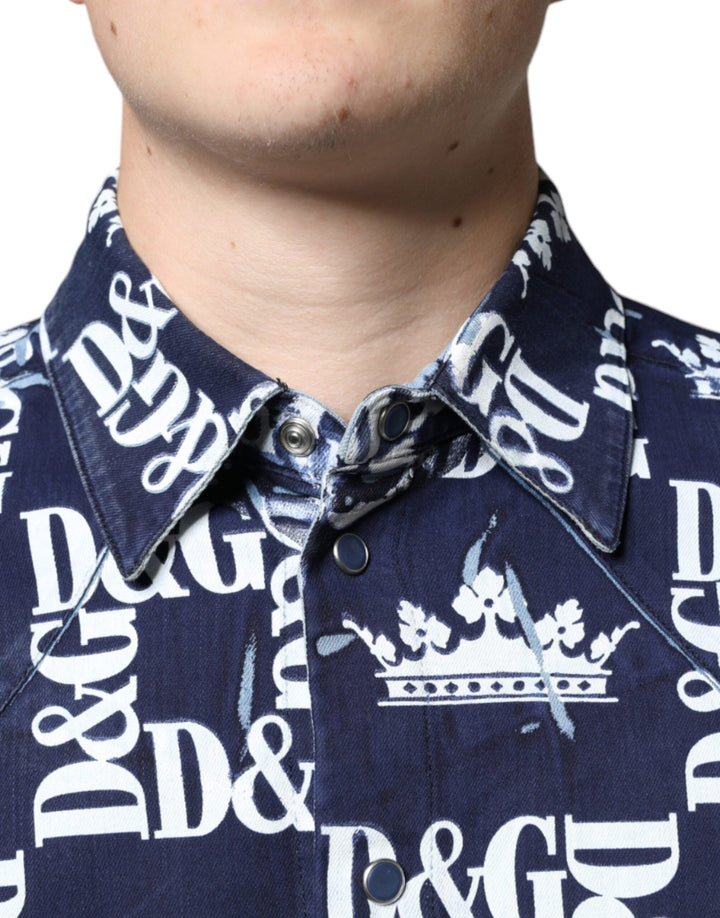 Dolce &amp; Gabbana Blue Crown Logo Print Slim Fit Cotton Shirt