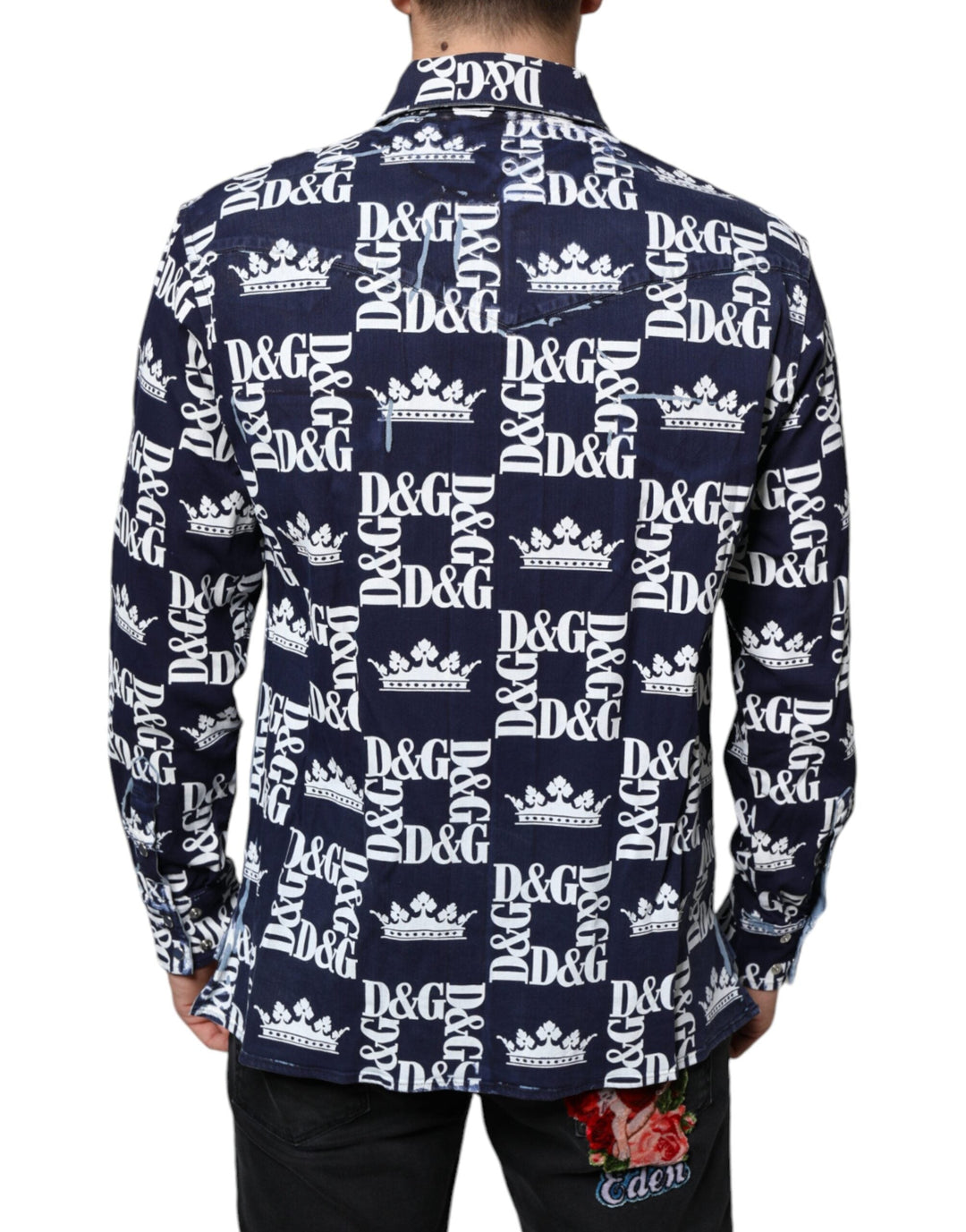 Dolce &amp; Gabbana Blue Crown Logo Print Slim Fit Cotton Shirt