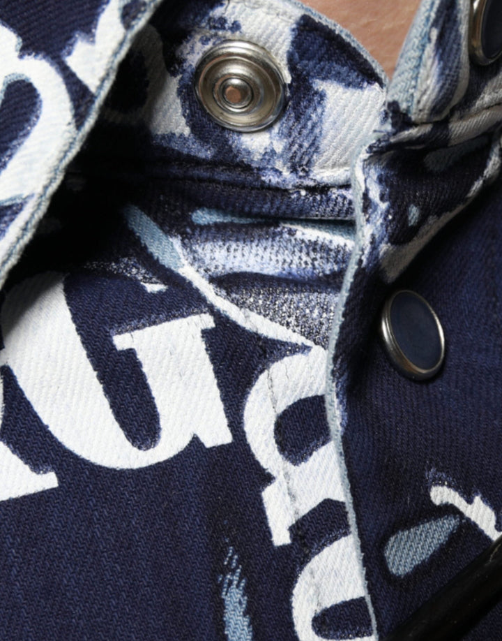 Dolce &amp; Gabbana Blue Crown Logo Print Slim Fit Cotton Shirt