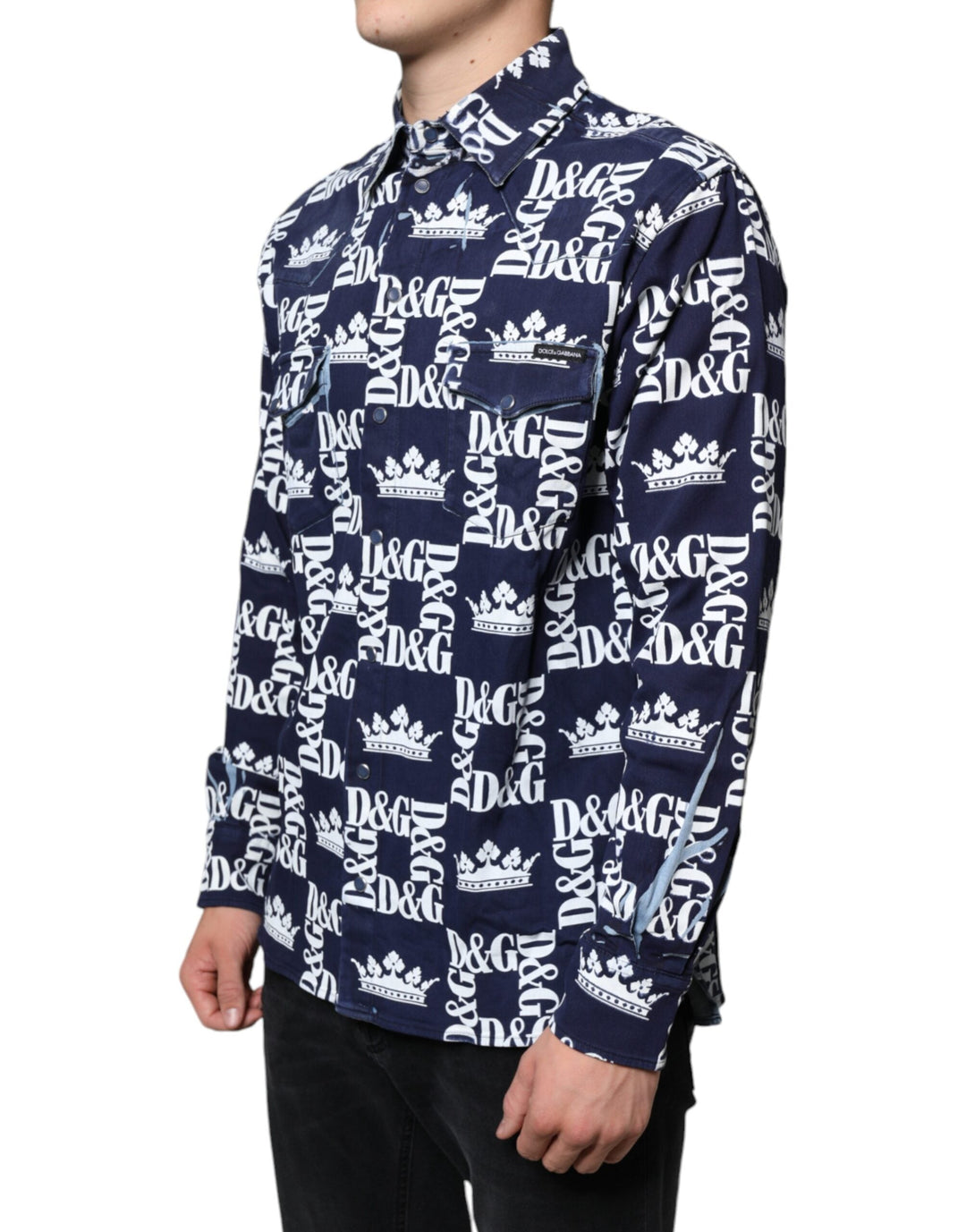 Dolce &amp; Gabbana Blue Crown Logo Print Slim Fit Cotton Shirt