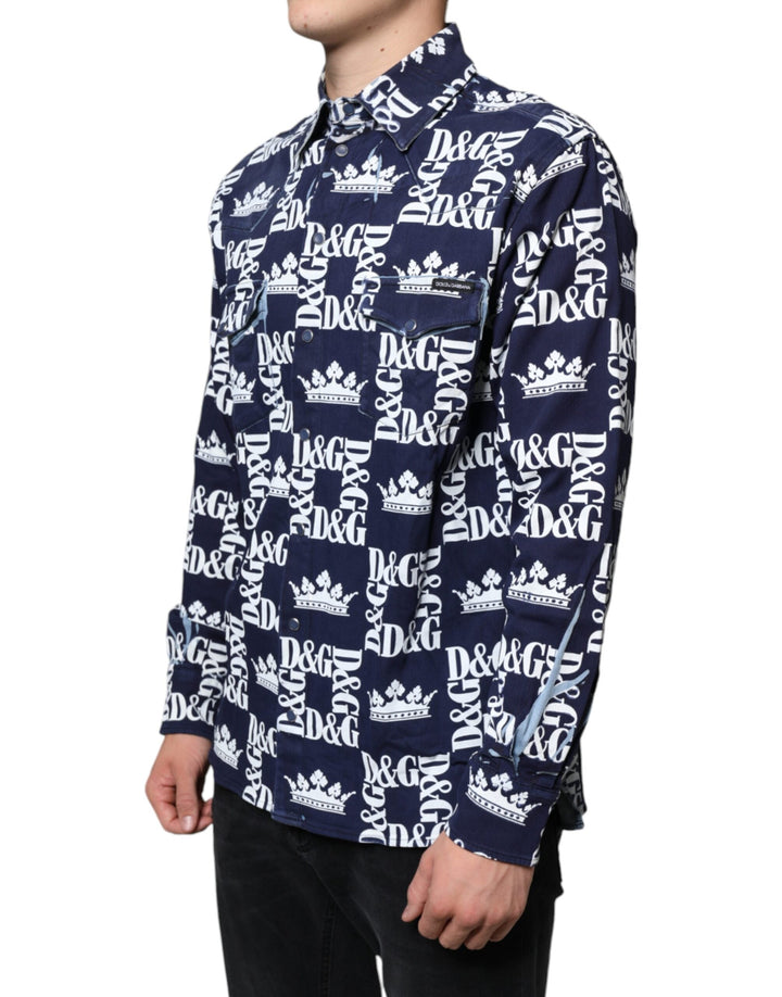 Dolce &amp; Gabbana Blue Crown Logo Print Slim Fit Cotton Shirt