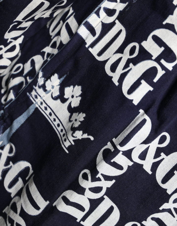 Dolce &amp; Gabbana Blue Crown Logo Print Slim Fit Cotton Shirt