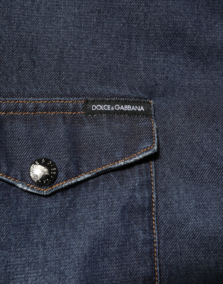 Men’s Dolce &amp; Gabbana Blue Denim Button Casual Logo Patch Men Shirt