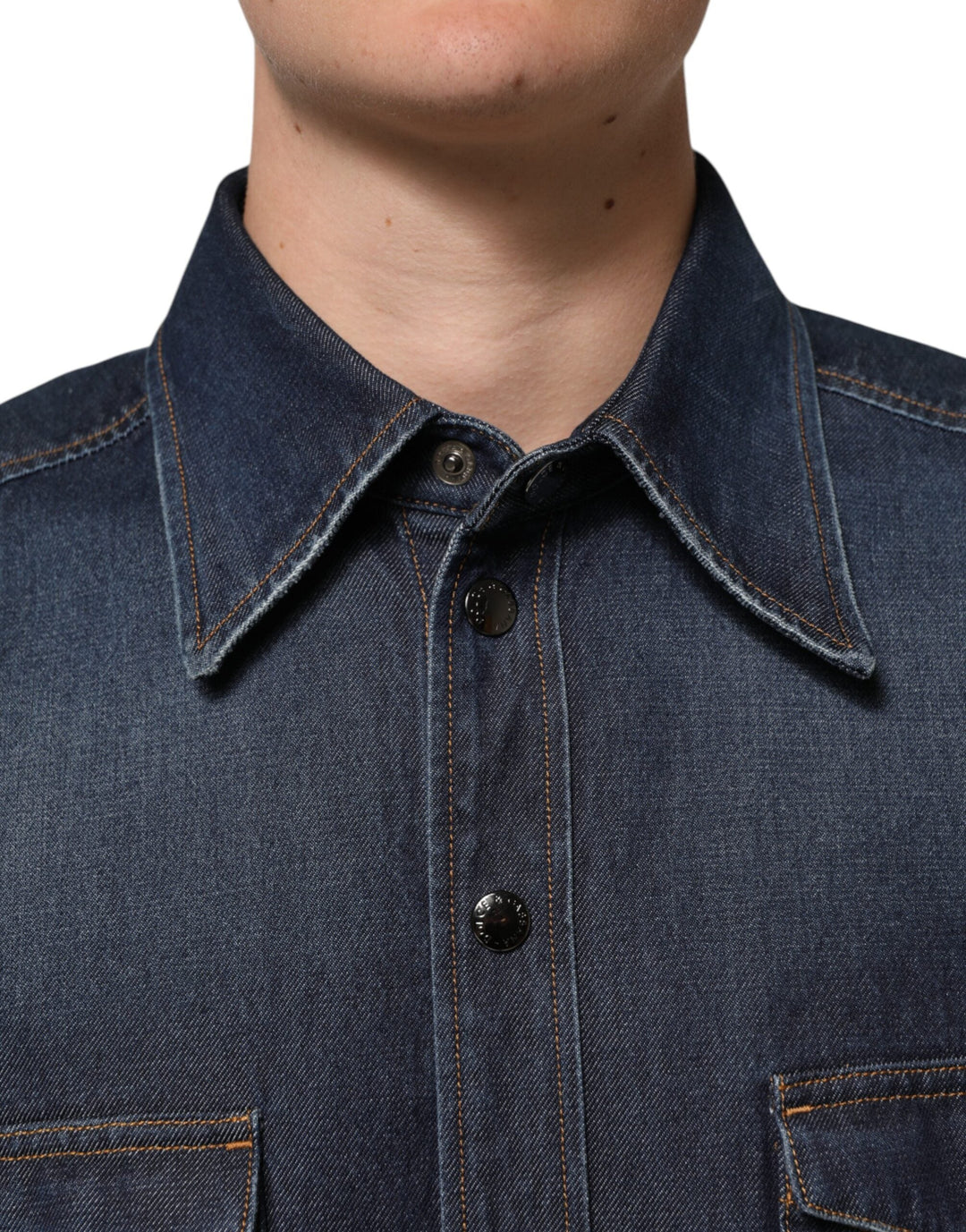 Men’s Dolce &amp; Gabbana Blue Denim Button Casual Logo Patch Men Shirt