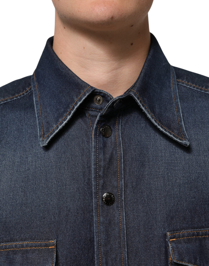 Men’s Dolce &amp; Gabbana Blue Denim Button Casual Logo Patch Men Shirt