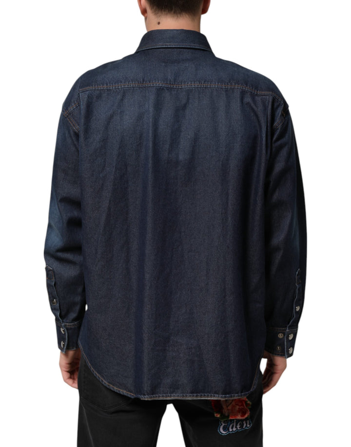 Men’s Dolce &amp; Gabbana Blue Denim Button Casual Logo Patch Men Shirt