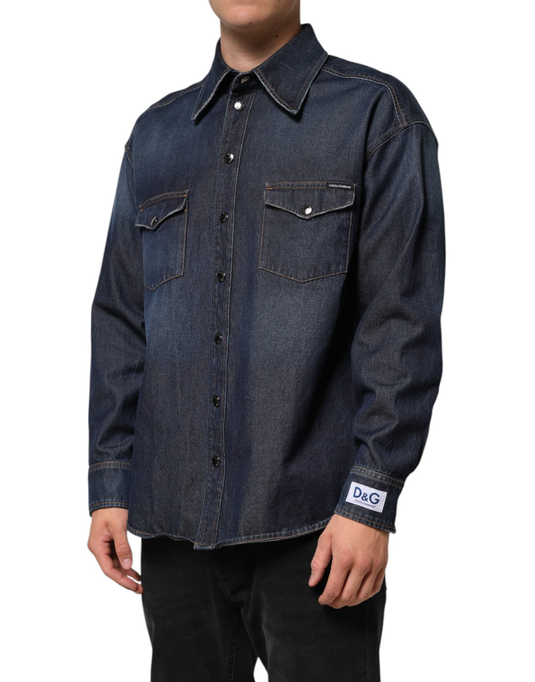 Men’s Dolce &amp; Gabbana Blue Denim Button Casual Logo Patch Men Shirt