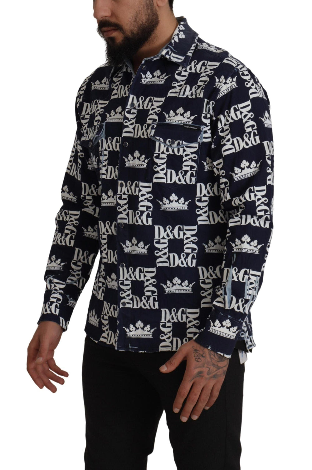 Dolce & Gabbana Blue Denim Stretch Dg Crown Logo Casual Shirt