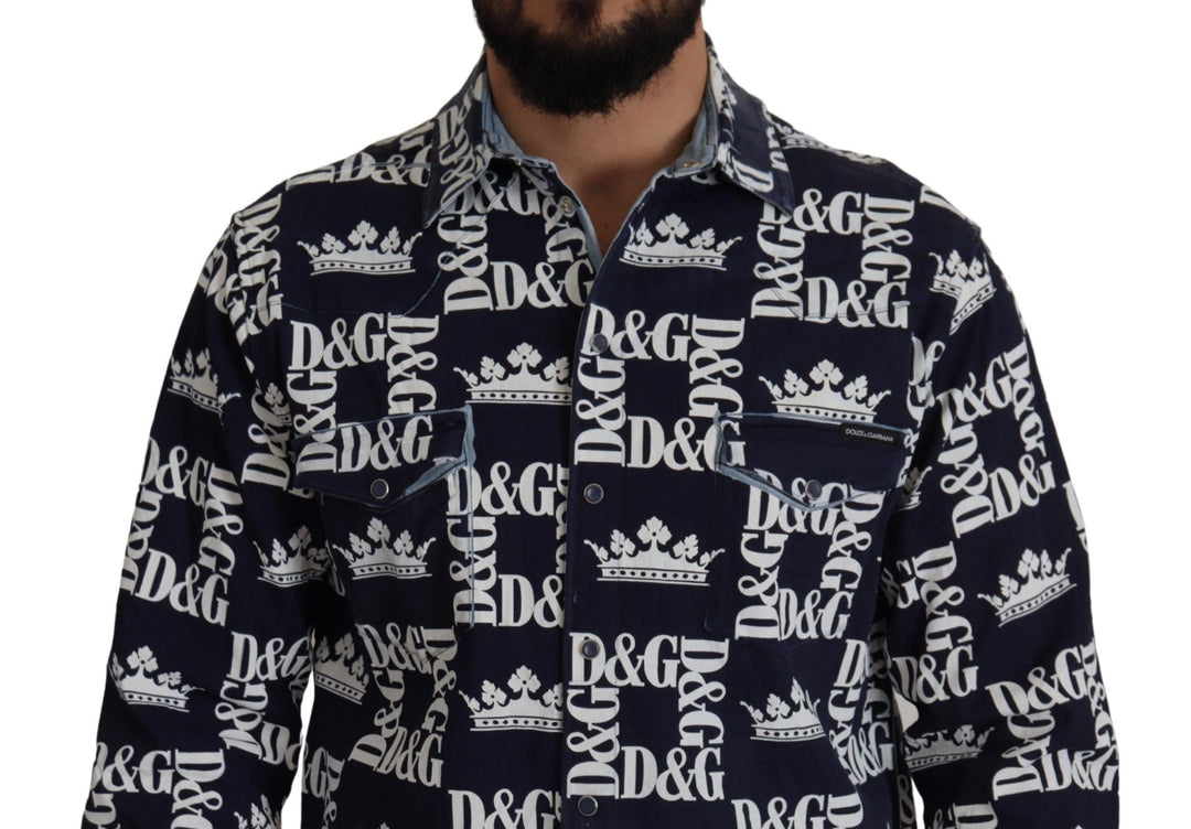 Dolce &amp; Gabbana Blue Denim Stretch Dg Crown Logo Casual Shirt