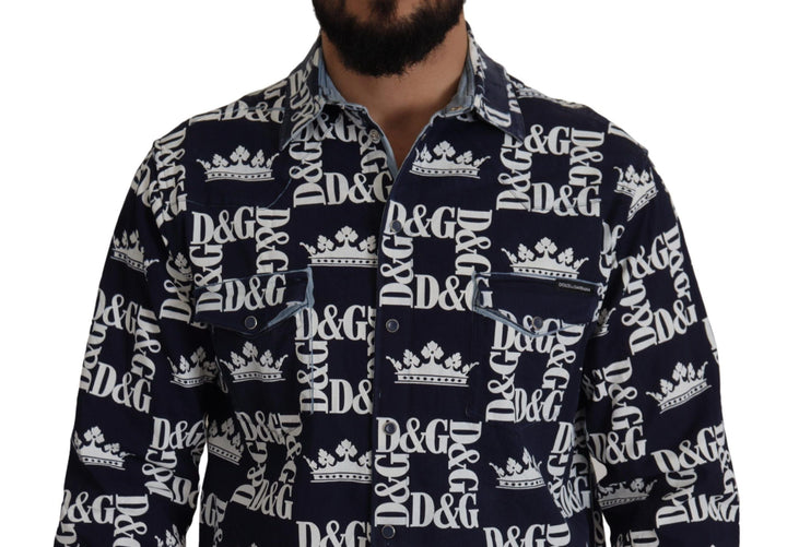 Dolce &amp; Gabbana Blue Denim Stretch Dg Crown Logo Casual Shirt