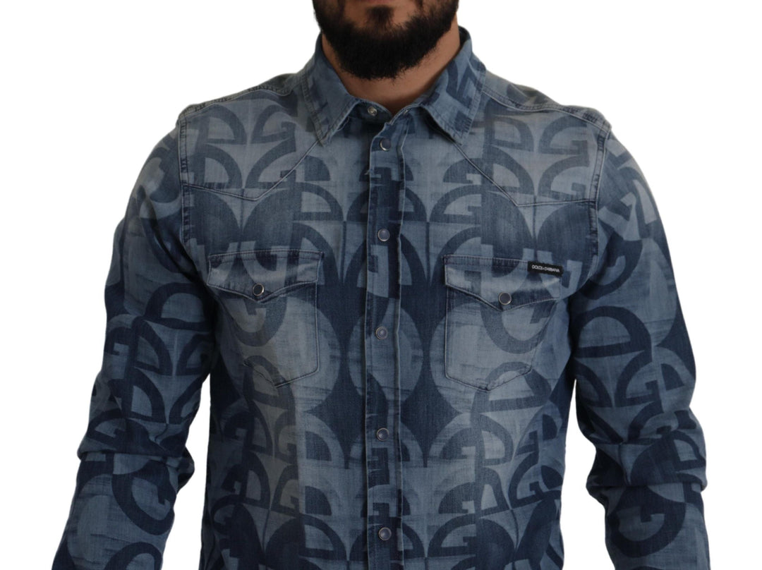 Dolce &amp; Gabbana Blue Denim Stretch Dg Logo Casual Mens Slim Shirt