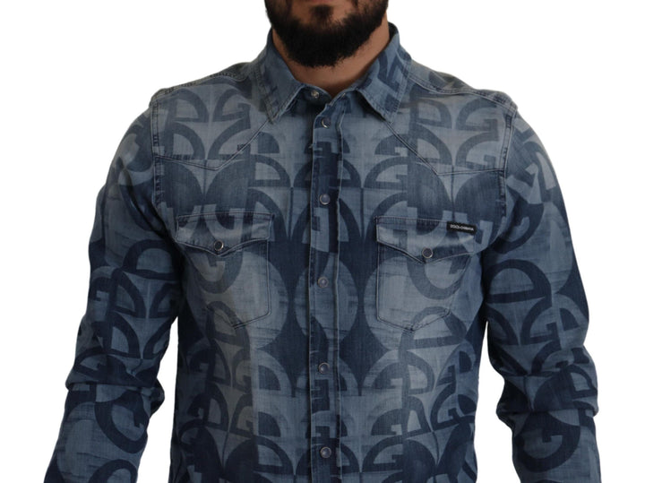 Dolce &amp; Gabbana Blue Denim Stretch Dg Logo Casual Mens Slim Shirt