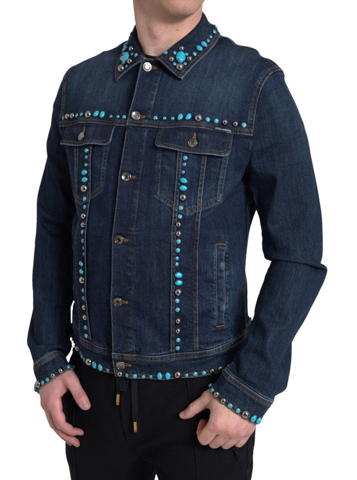Men’s Dolce &amp; Gabbana Blue Denim Turquoise Stones Studded Jacket