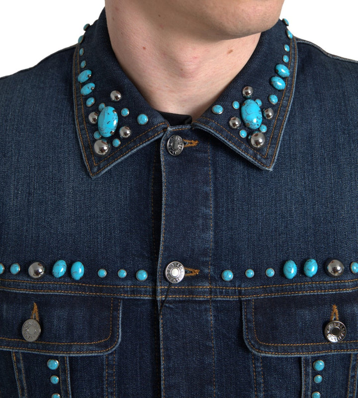 Men’s Dolce &amp; Gabbana Blue Denim Turquoise Stones Studded Jacket