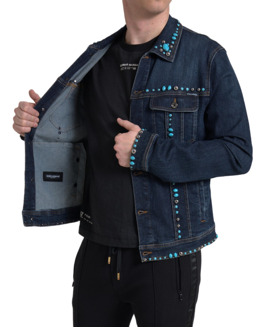 Men’s Dolce &amp; Gabbana Blue Denim Turquoise Stones Studded Jacket