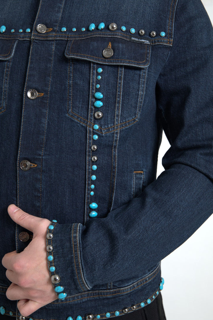 Men’s Dolce &amp; Gabbana Blue Denim Turquoise Stones Studded Jacket