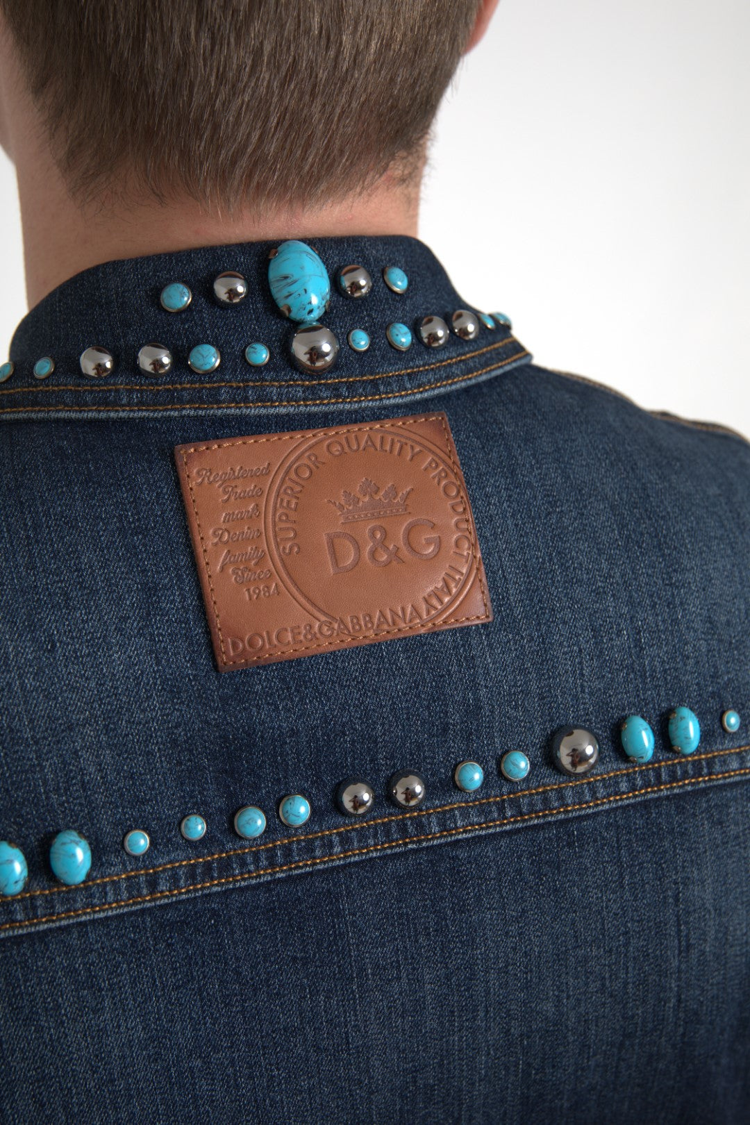 Men’s Dolce &amp; Gabbana Blue Denim Turquoise Stones Studded Jacket
