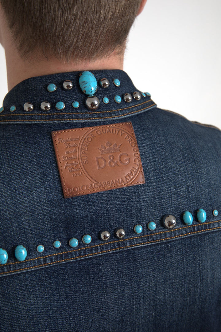 Men’s Dolce &amp; Gabbana Blue Denim Turquoise Stones Studded Jacket