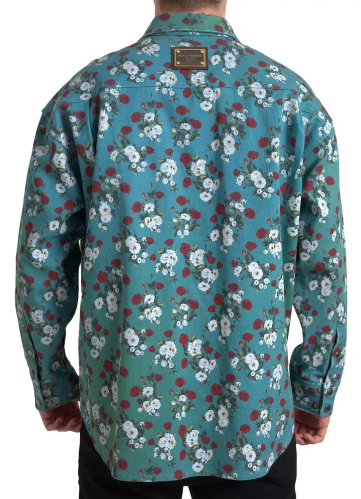 Dolce &amp; Gabbana Blue Floral Cotton Button Down Denim Shirt