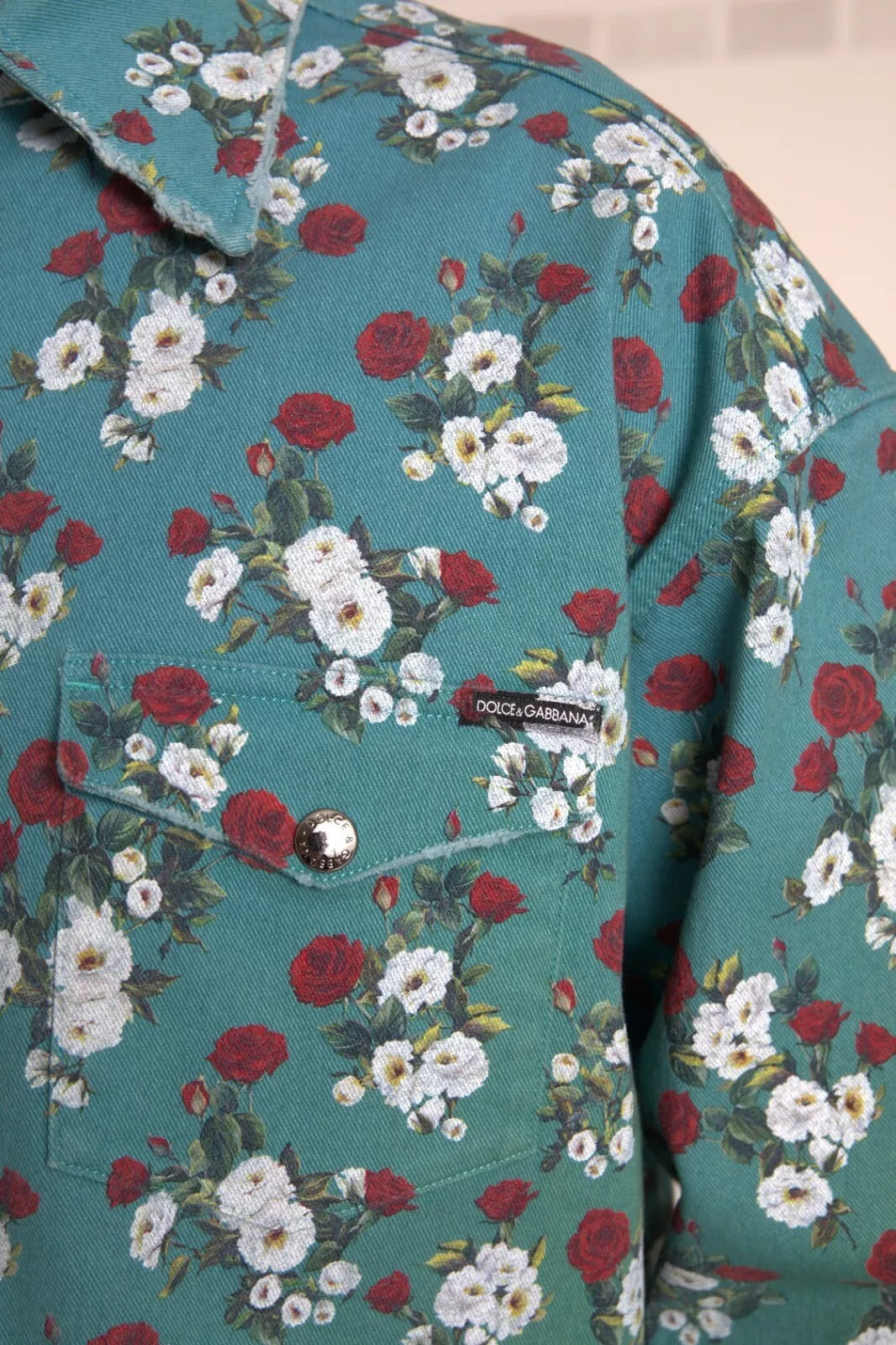 Dolce &amp; Gabbana Blue Floral Cotton Button Down Denim Shirt