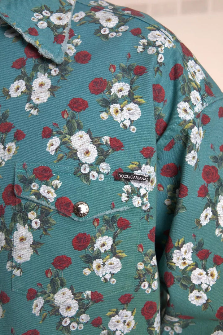Dolce &amp; Gabbana Blue Floral Cotton Button Down Denim Shirt