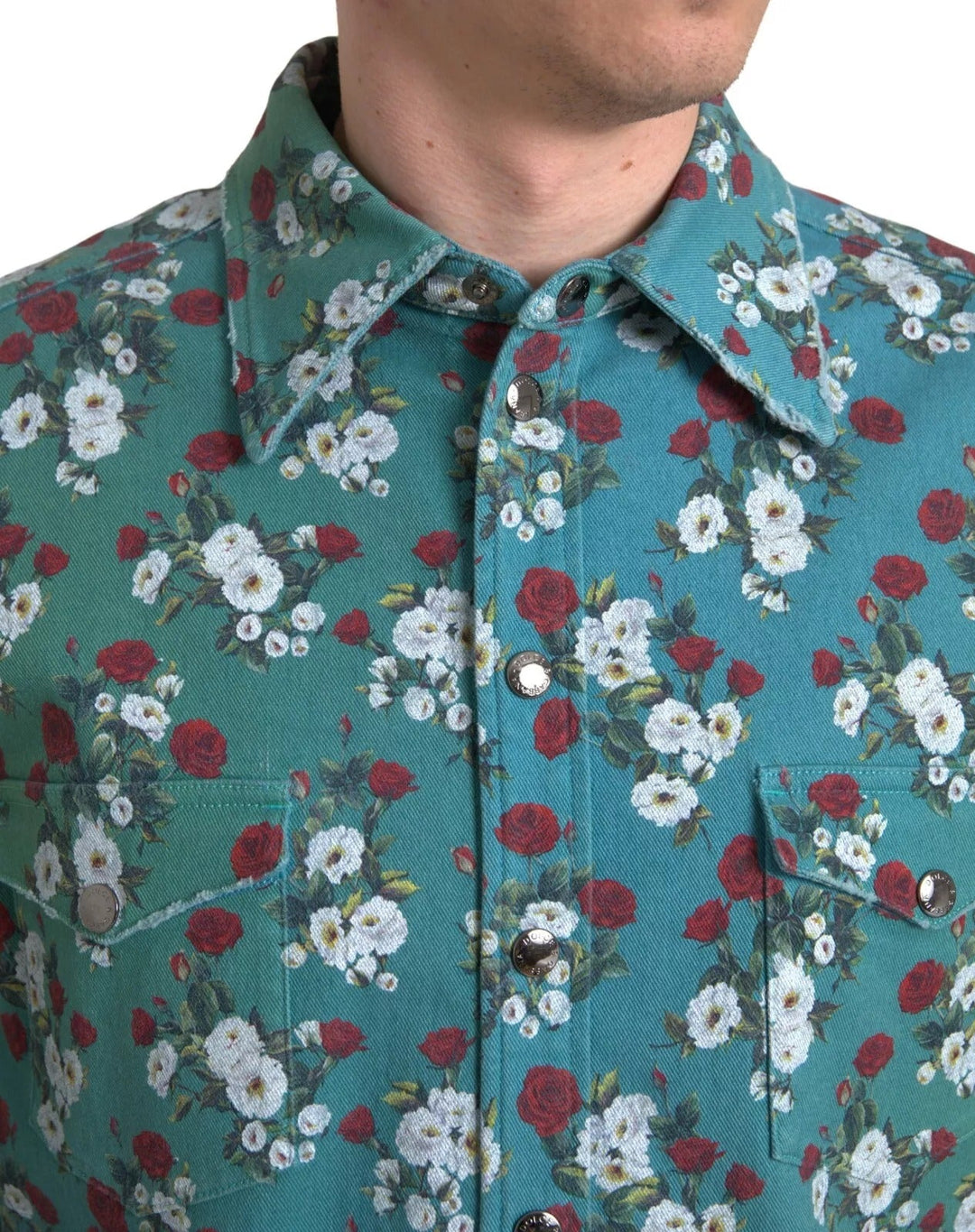 Dolce &amp; Gabbana Blue Floral Cotton Button Down Denim Shirt