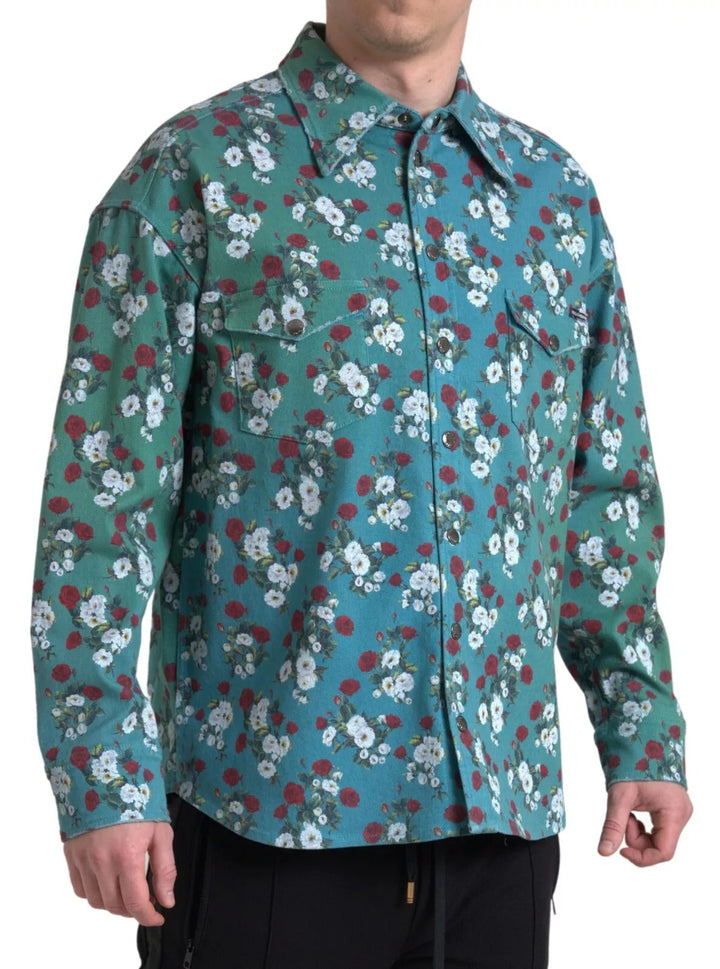 Dolce &amp; Gabbana Blue Floral Cotton Button Down Denim Shirt