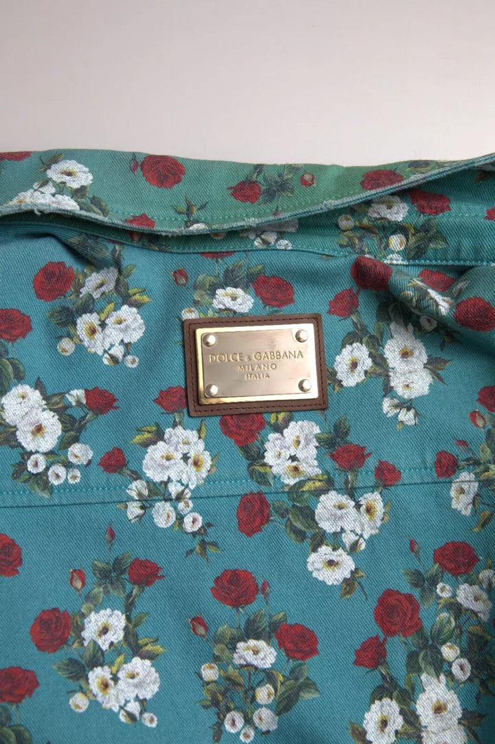 Dolce &amp; Gabbana Blue Floral Cotton Button Down Denim Shirt