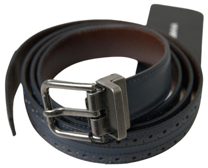 Dolce &amp; Gabbana Blue Leather Perforated Metal Buckle Belt