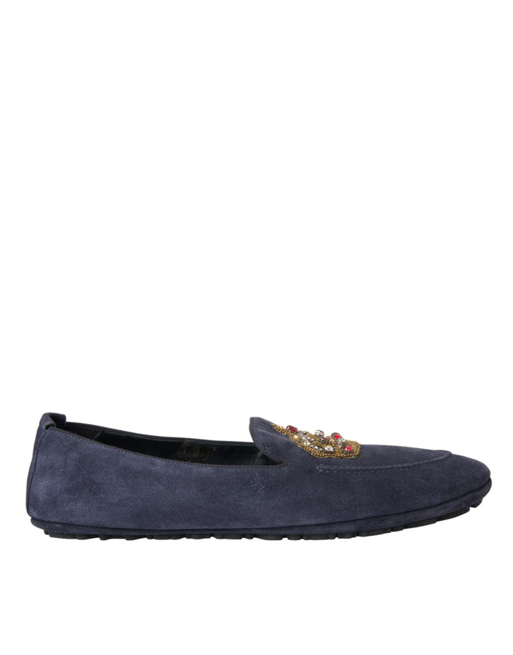 Men’s Dolce &amp; Gabbana Blue Leather Suede Crystal Crown Loafers Shoes